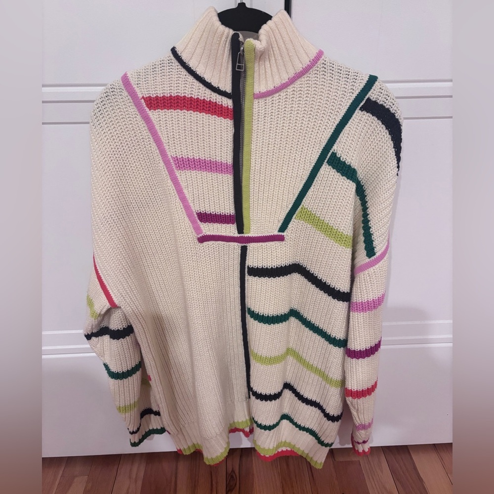 STAUD Cream Knit Half-Zip Hamptons Sweater with Multicolor Stripes